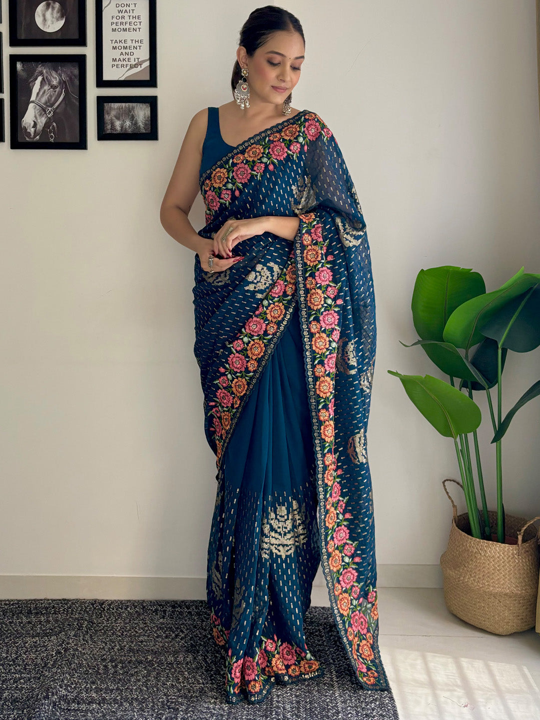 Georgette Teal blue Embellished Designer Saree With Blouse