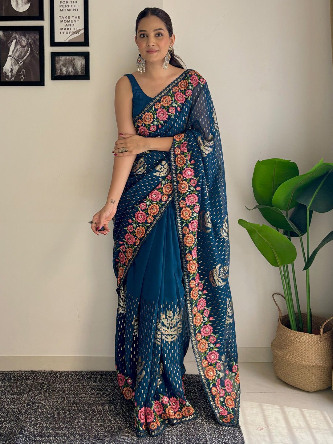 Georgette Teal blue Embellished Designer Saree With Blouse