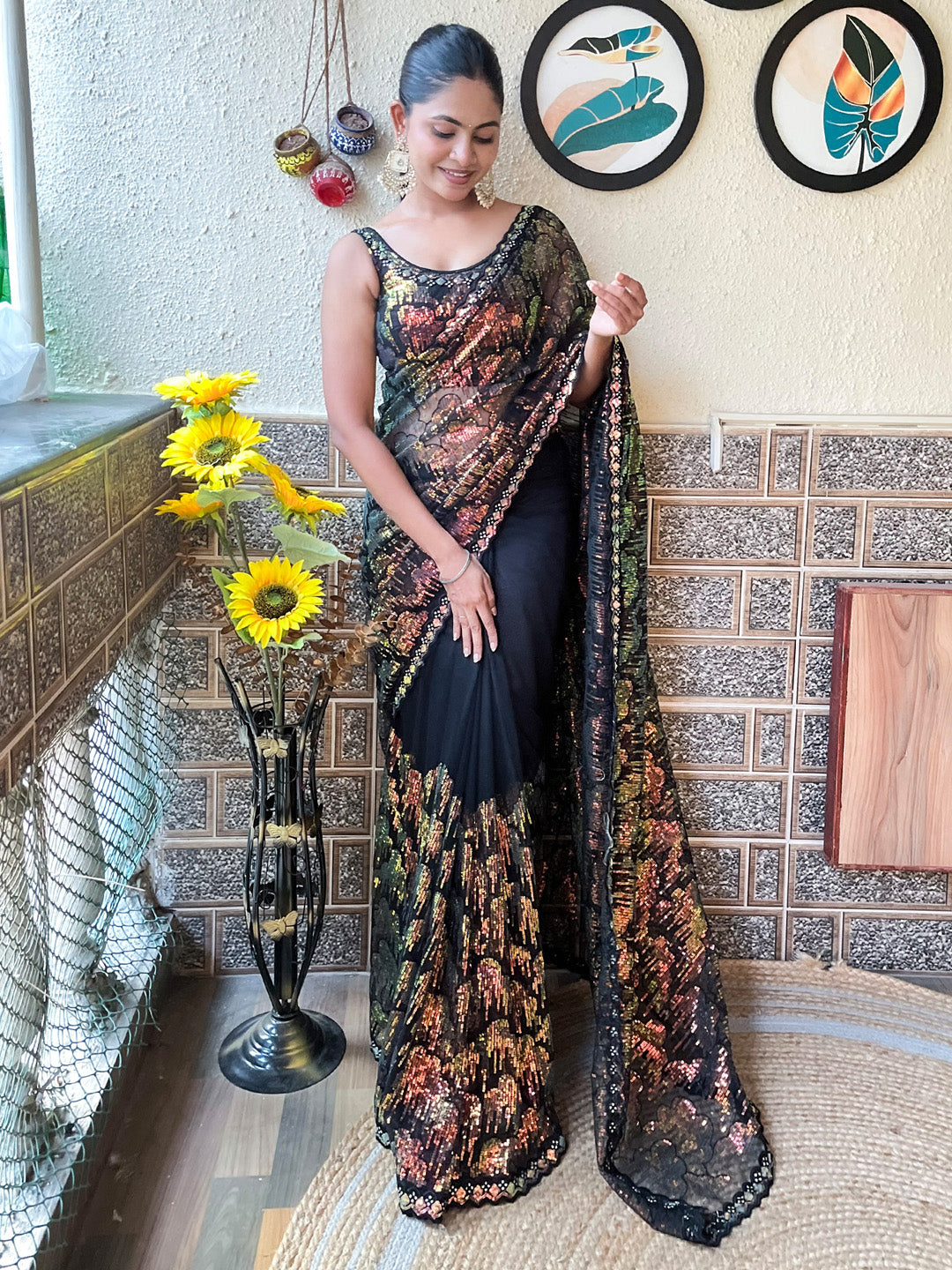 Net Black Embellished Designer Saree With Blouse