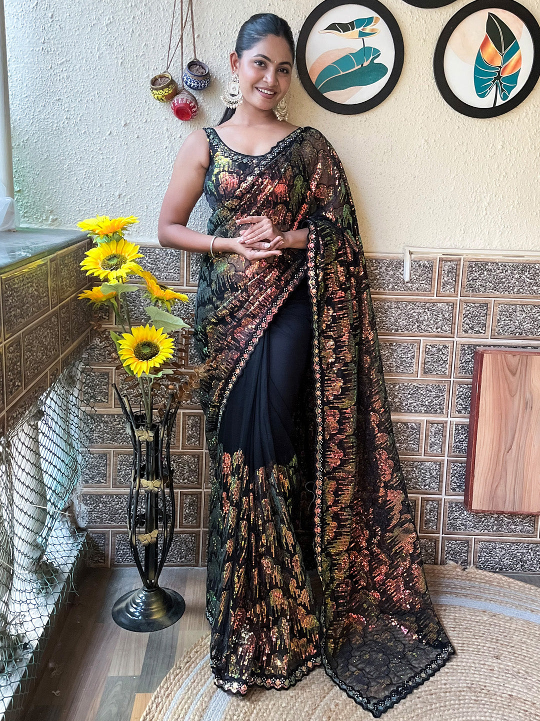 Net Black Embellished Designer Saree With Blouse