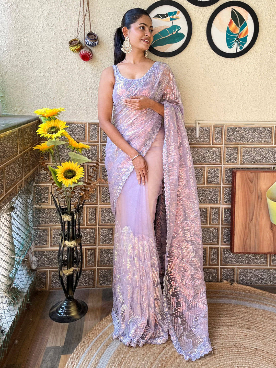 Net Lavendar Embellished Designer Saree With Blouse