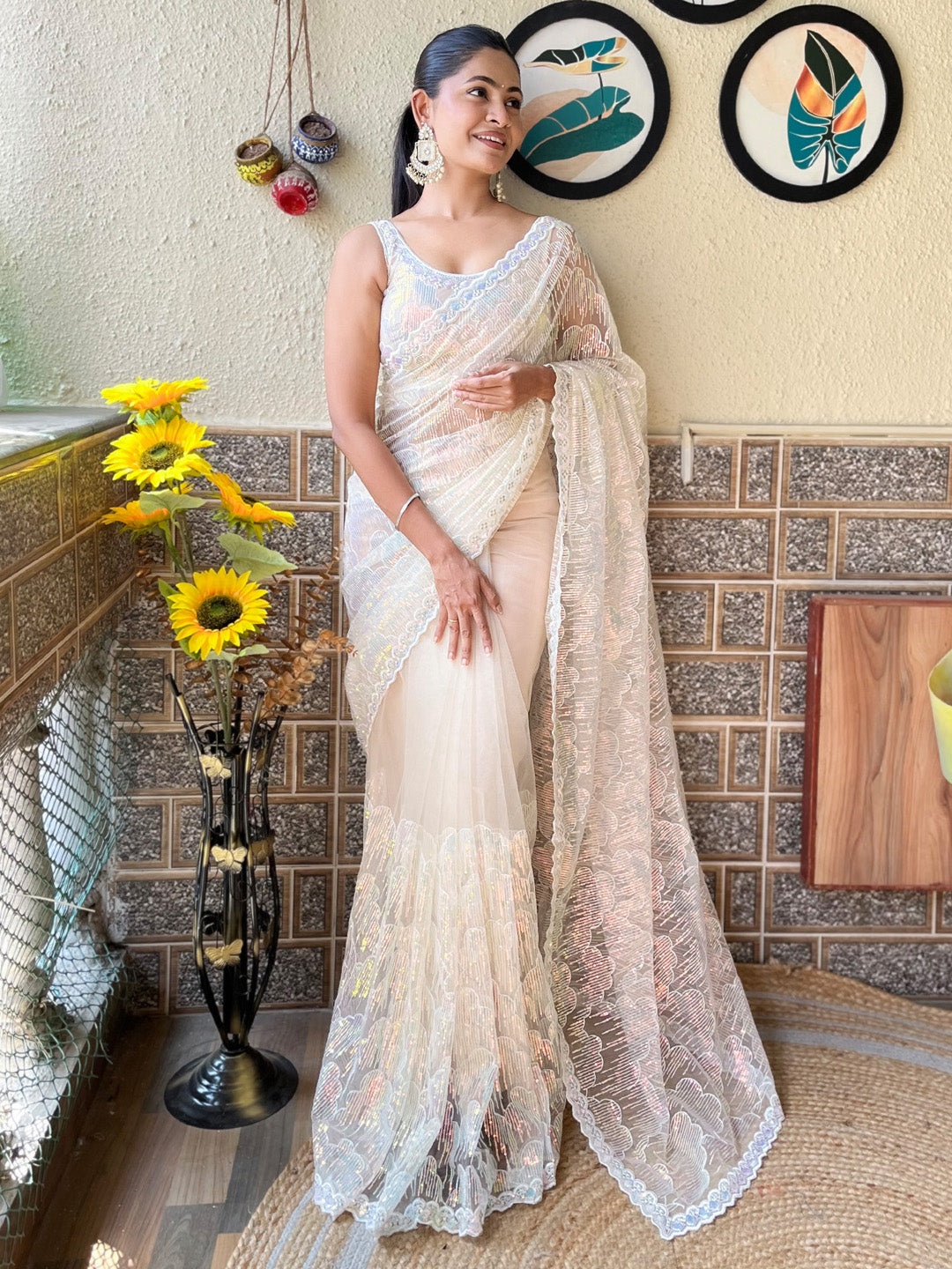 Net White Embellished Designer Saree With Blouse