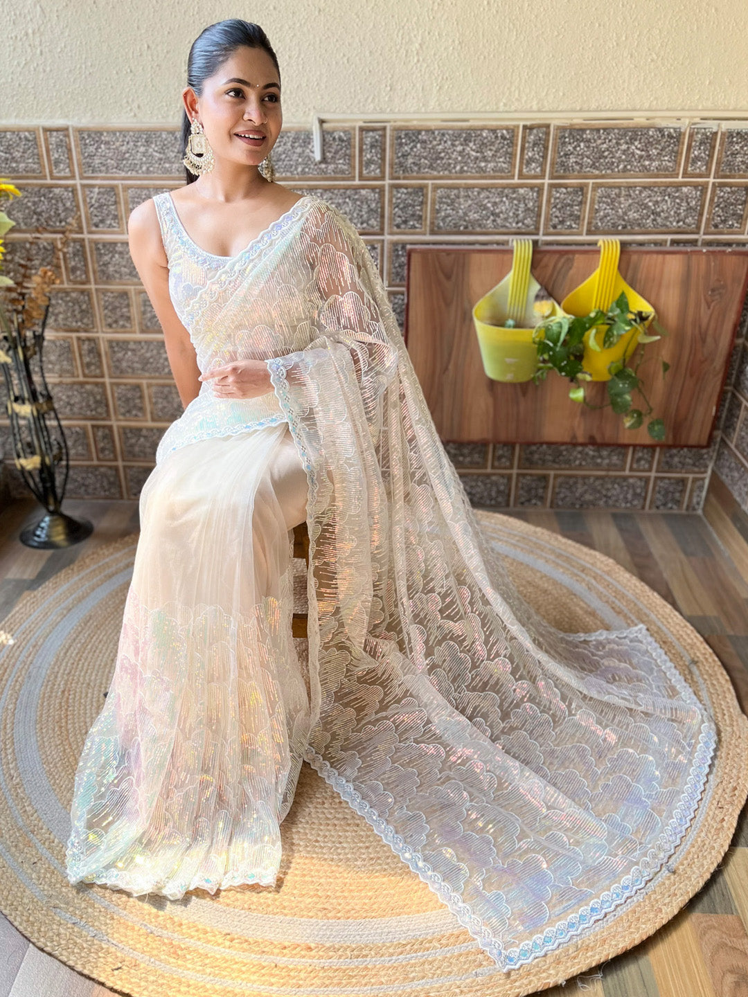 Net White Embellished Designer Saree With Blouse