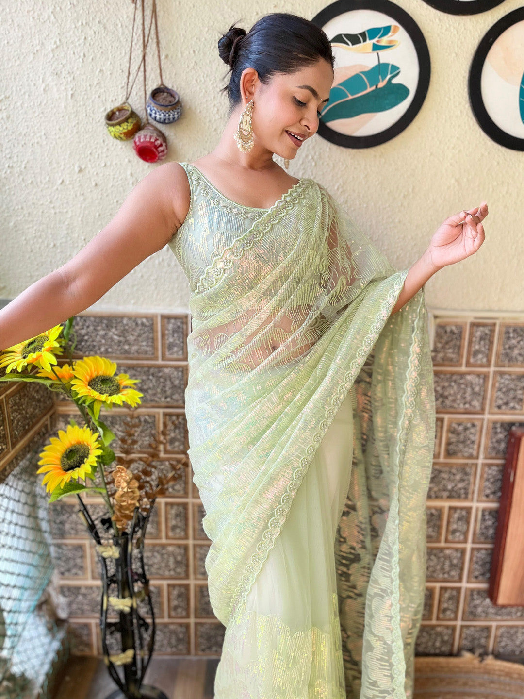 Net Light Green Embellished Designer Saree With Blouse