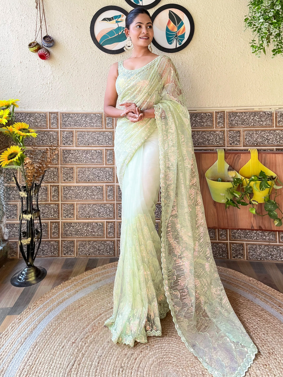 Net Light Green Embellished Designer Saree With Blouse