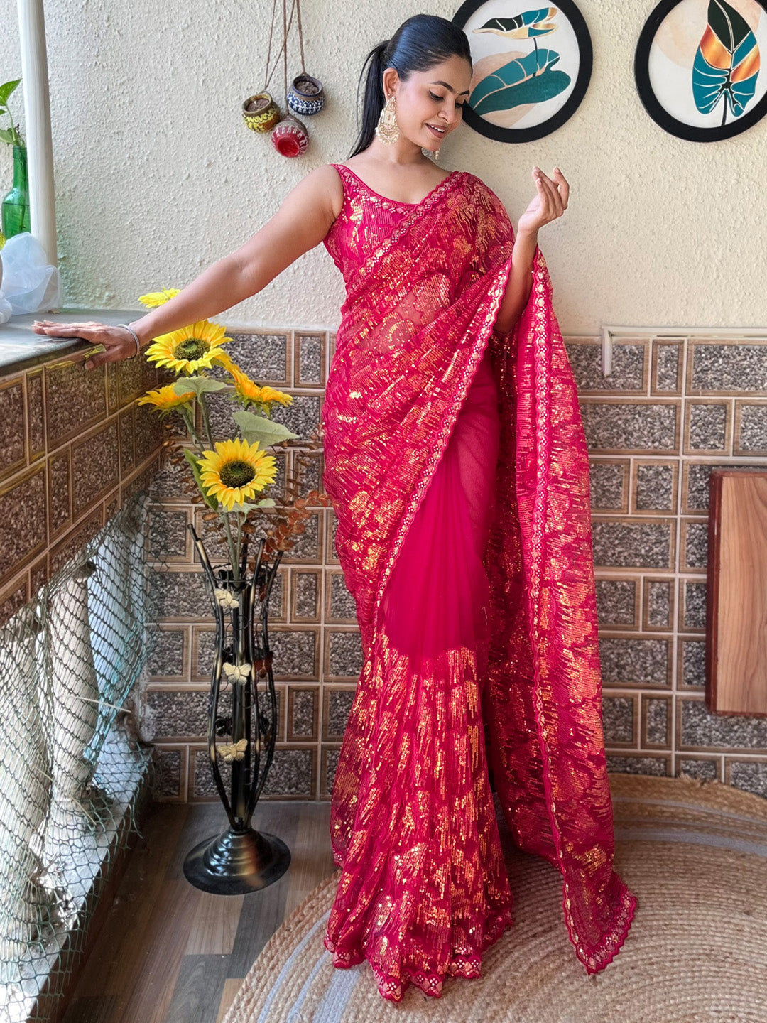 Net Pink Embellished Designer Saree With Blouse