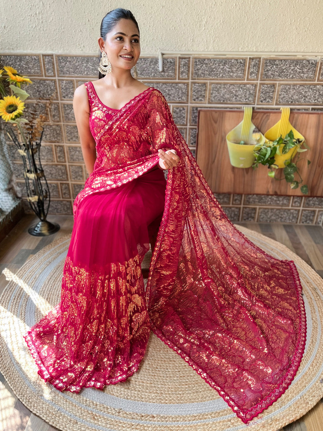 Net Pink Embellished Designer Saree With Blouse