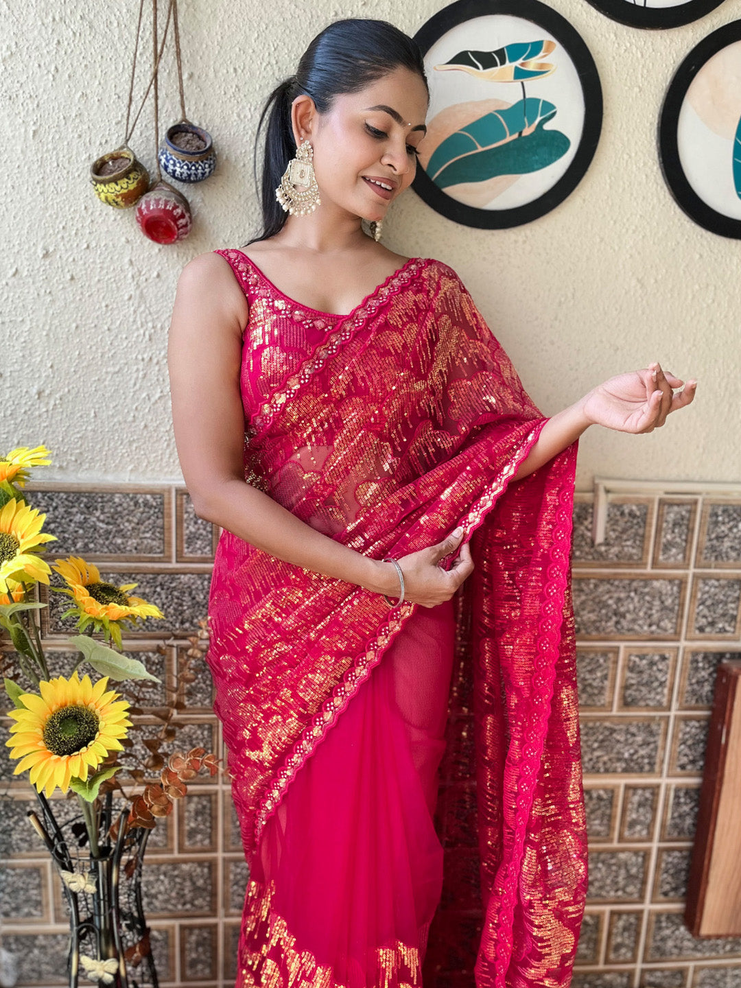 Net Pink Embellished Designer Saree With Blouse