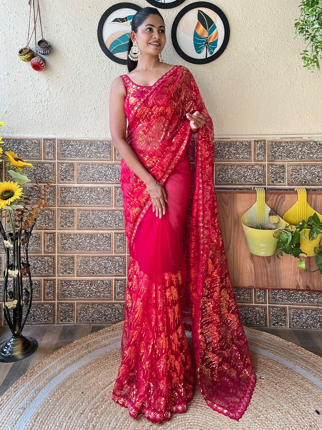 Net Pink Embellished Designer Saree With Blouse