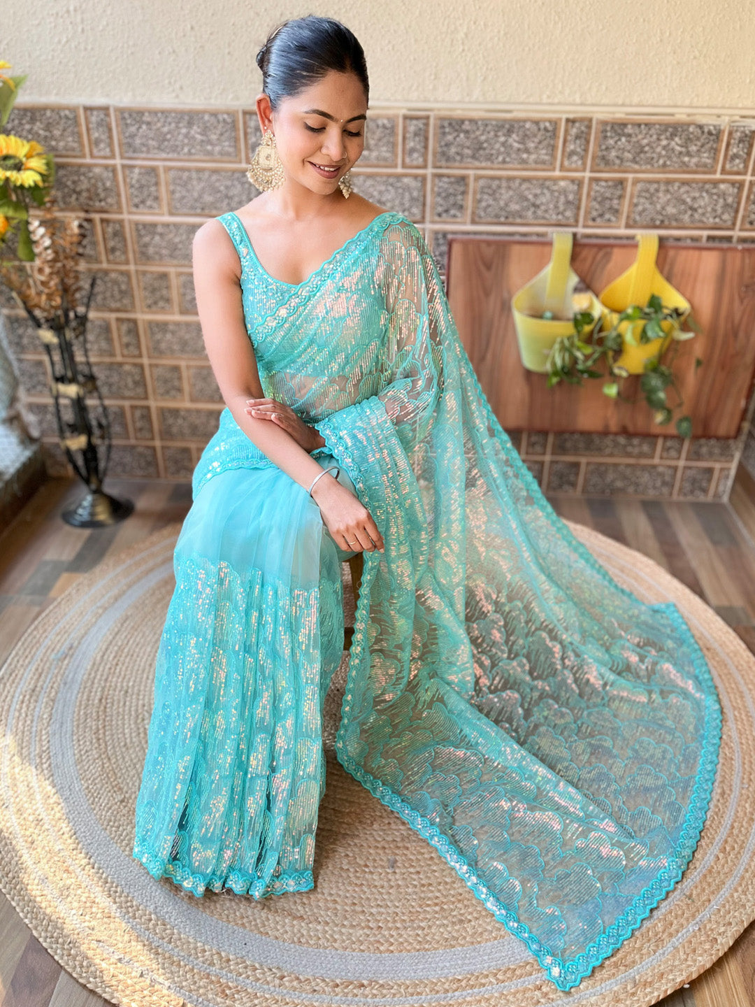 Net Light Blue Embellished Designer Saree With Blouse