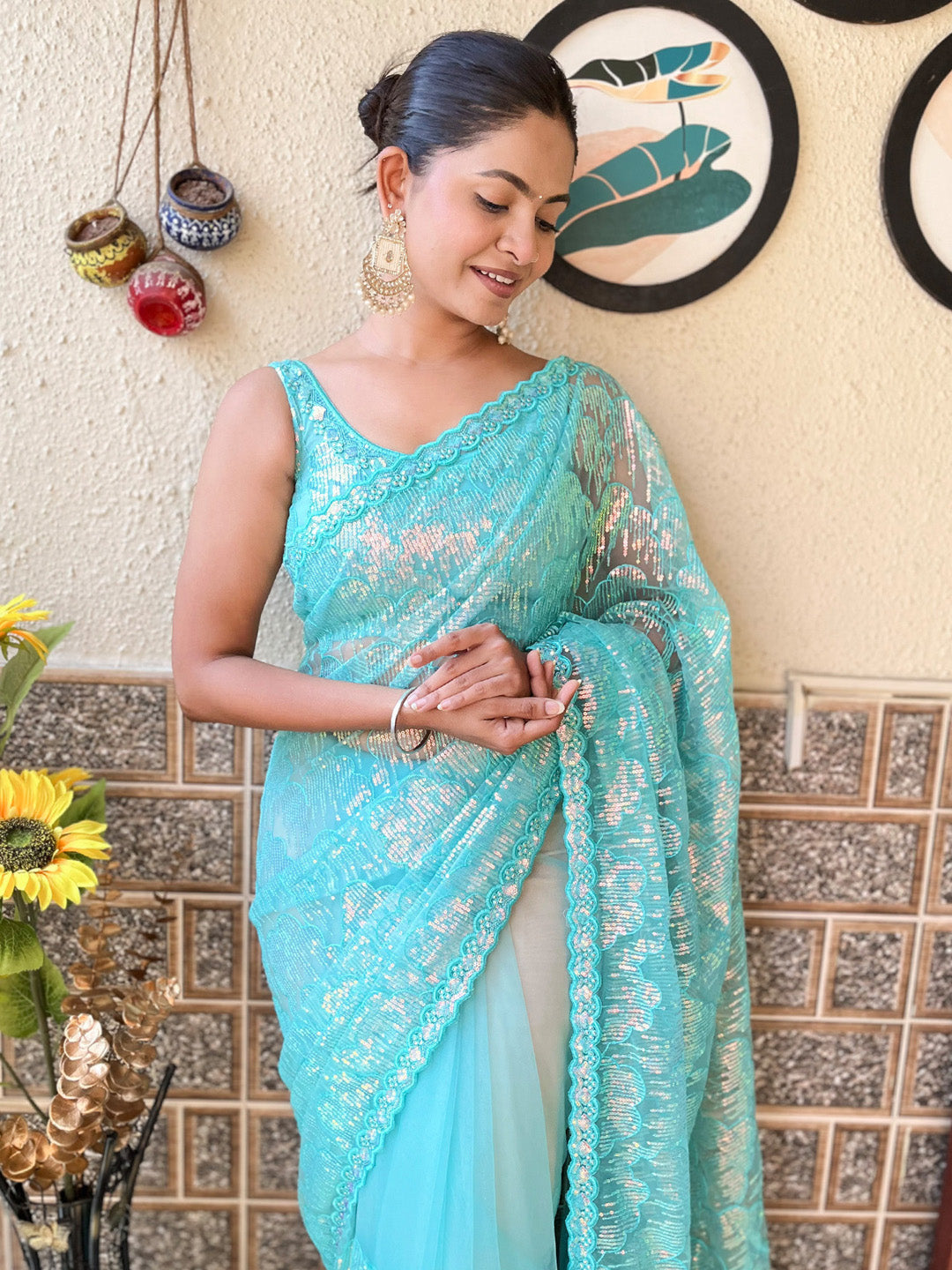 Net Light Blue Embellished Designer Saree With Blouse