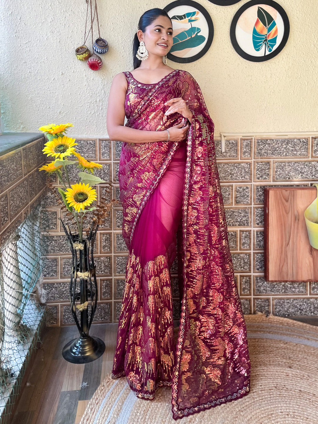 Net Magenta Embellished Designer Saree With Blouse