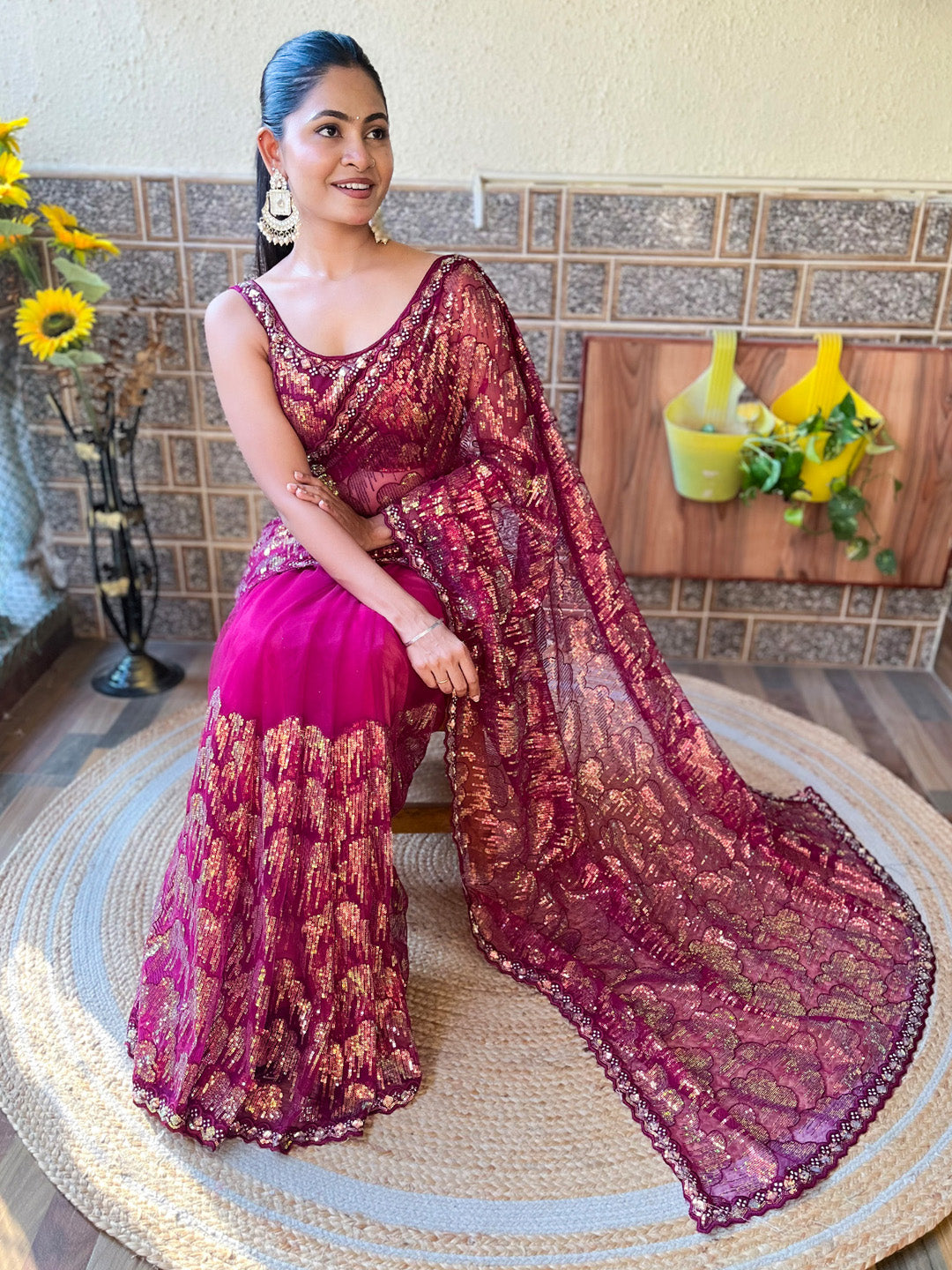 Net Magenta Embellished Designer Saree With Blouse