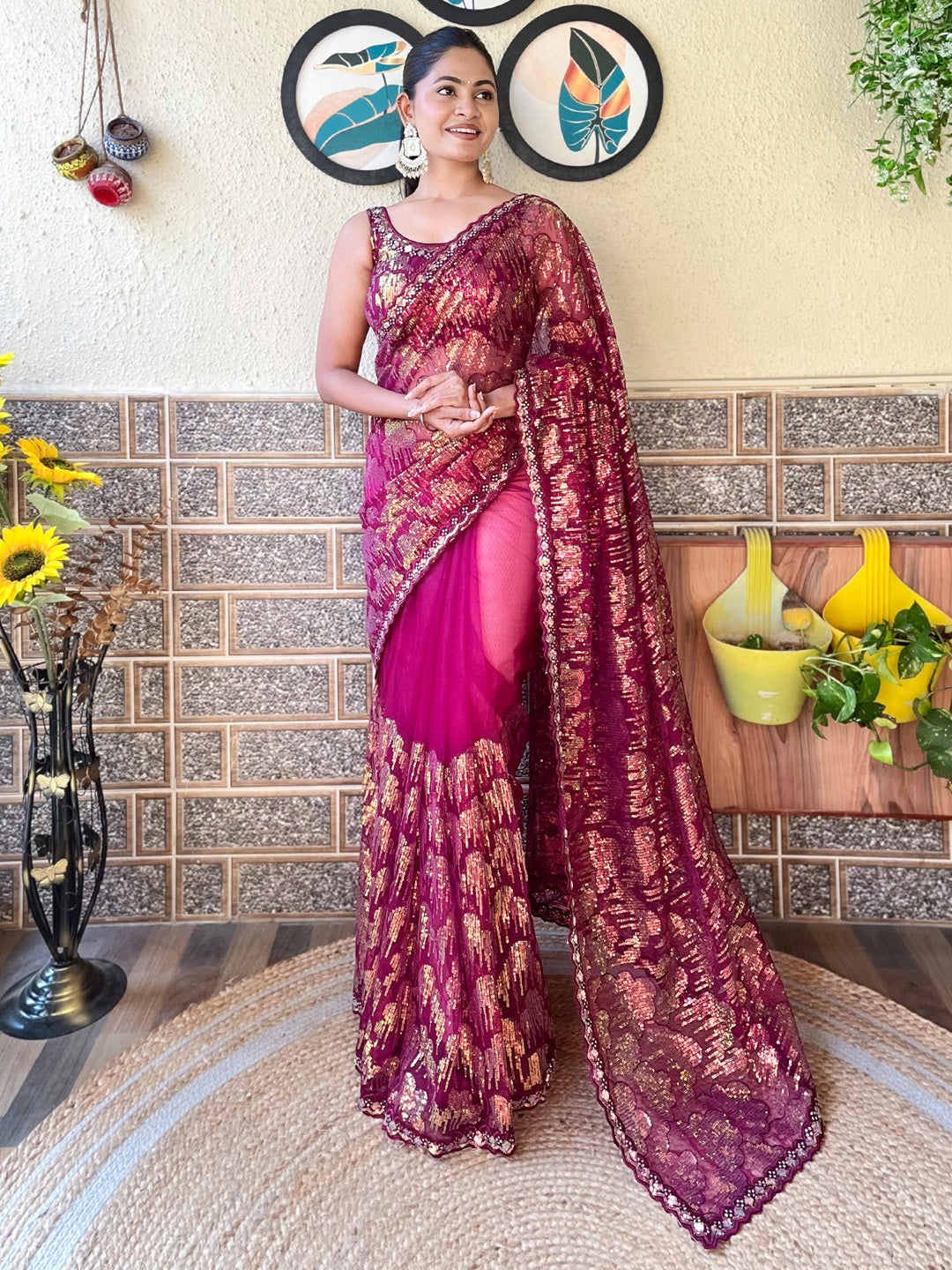 Net Magenta Embellished Designer Saree With Blouse