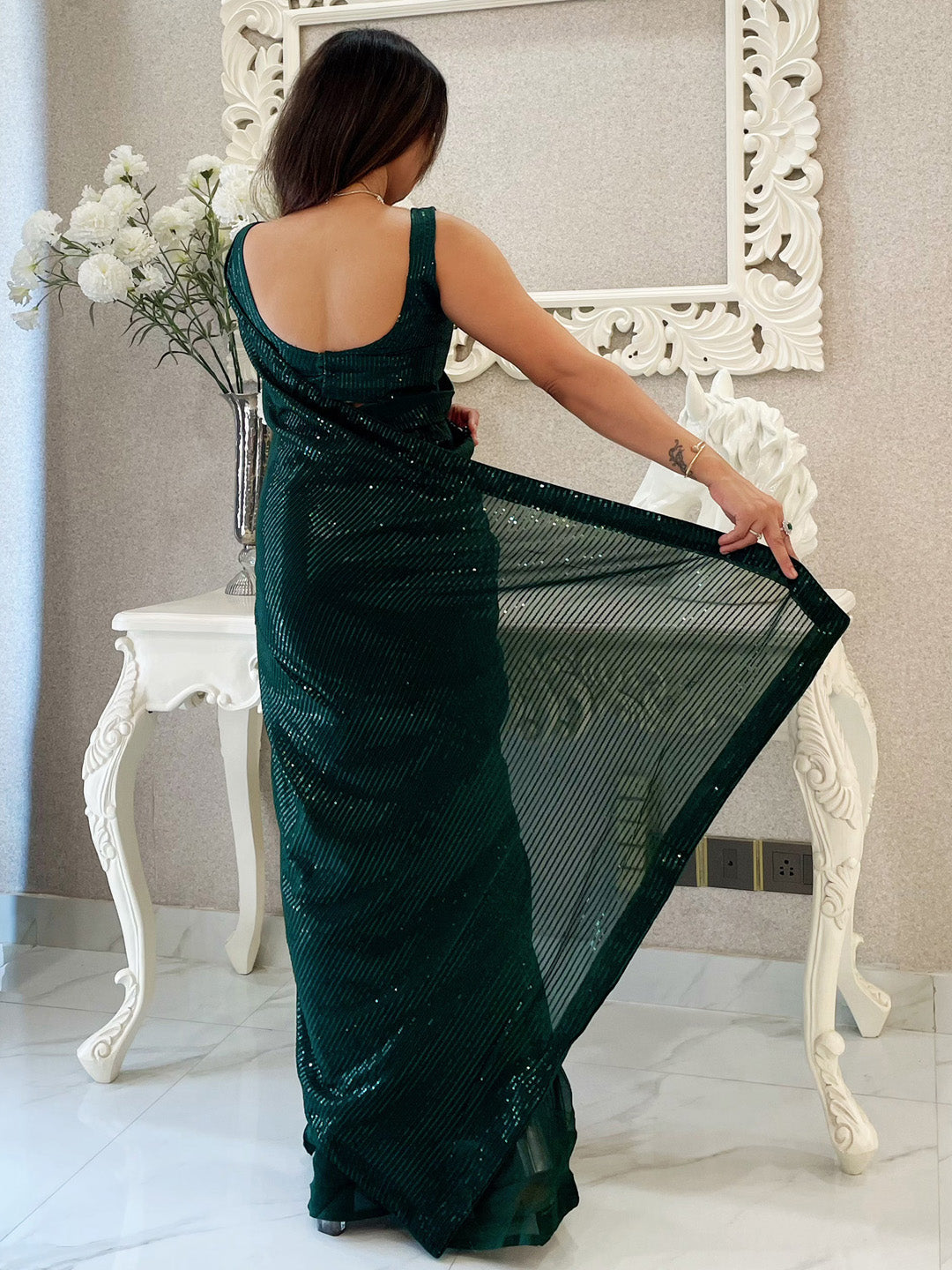 Georgette Green Embellished Designer Saree With Blouse
