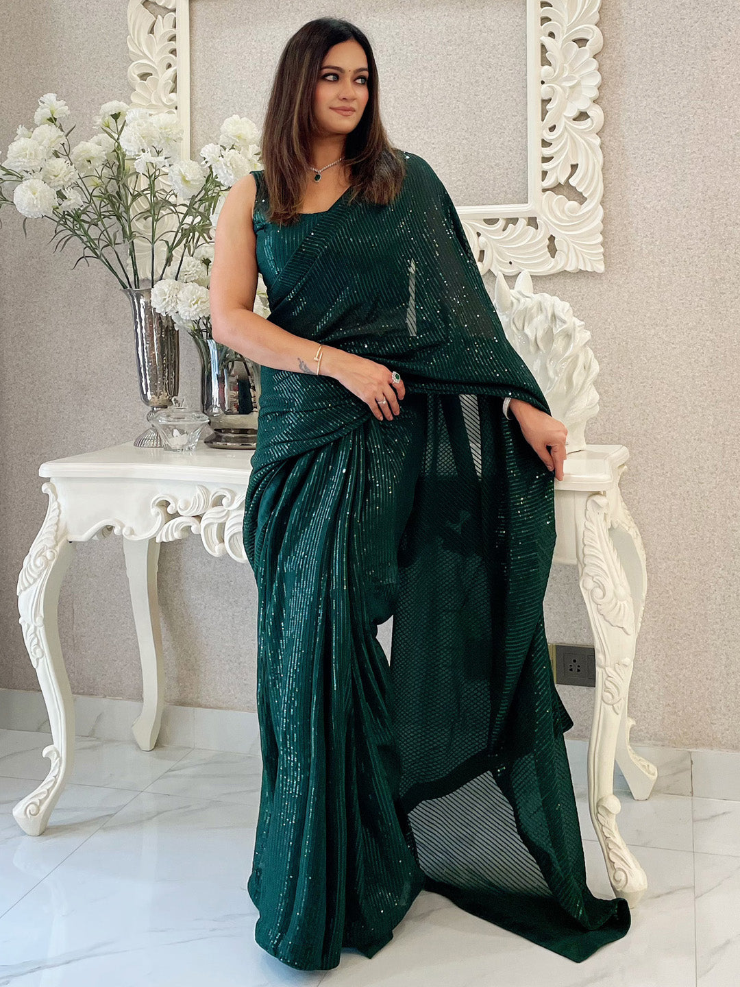 Georgette Green Embellished Designer Saree With Blouse