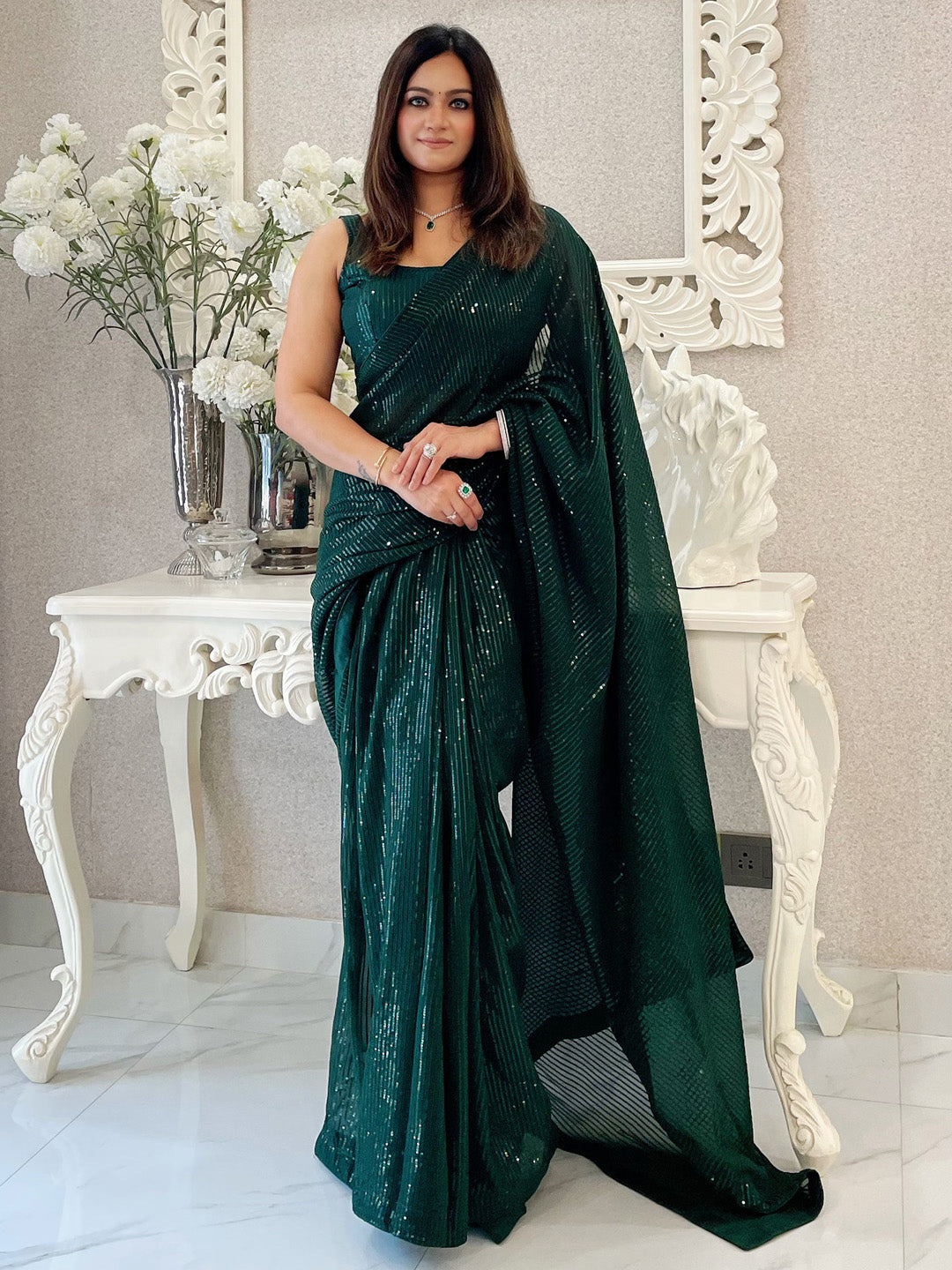 Georgette Green Embellished Designer Saree With Blouse
