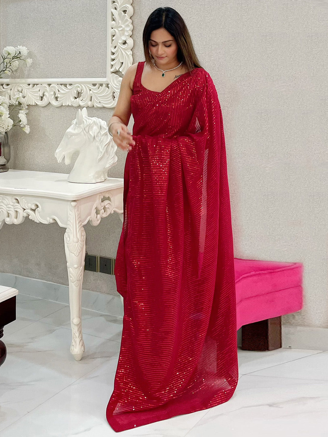 Georgette Red Embellished Designer Saree With Blouse