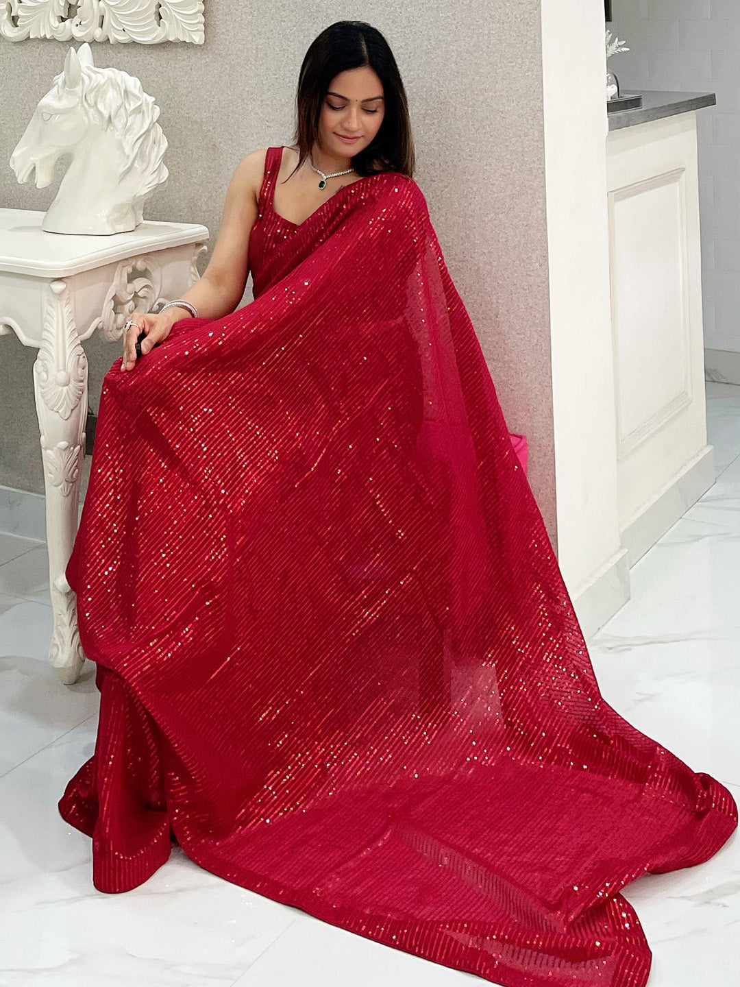 Georgette Red Embellished Designer Saree With Blouse