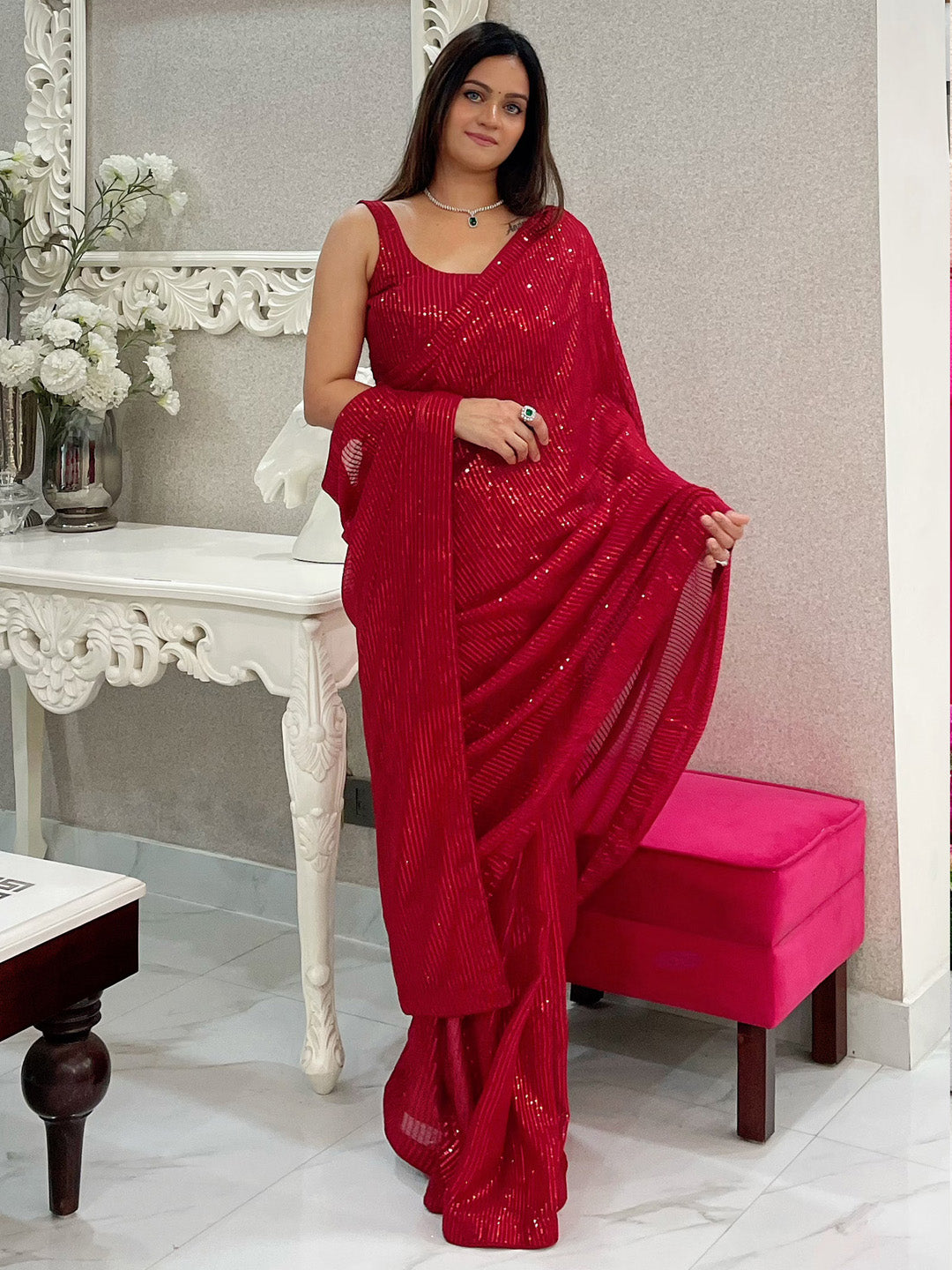 Georgette Red Embellished Designer Saree With Blouse