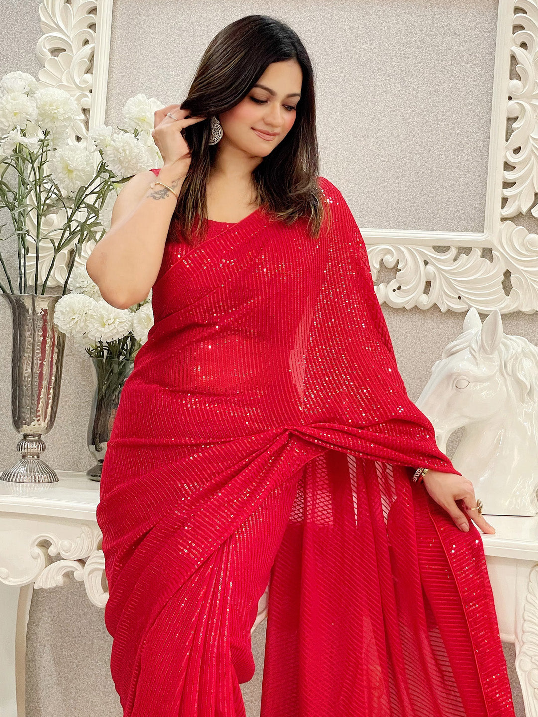 Georgette Red Embellished Designer Saree With Blouse