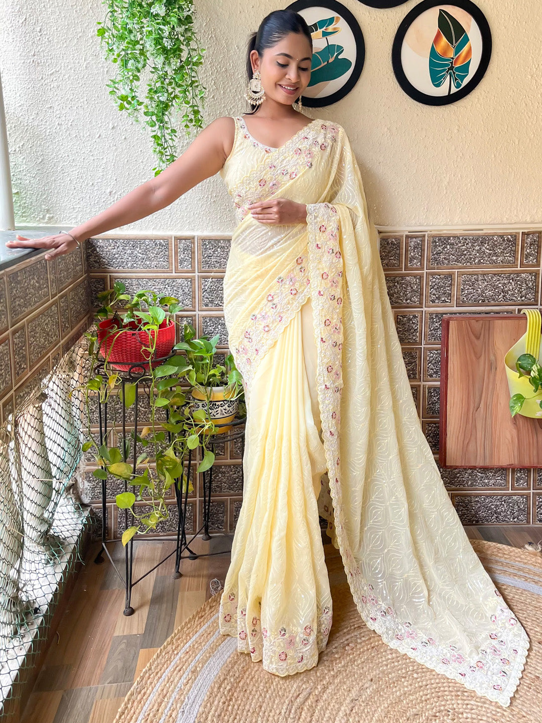 Georgette Yellow Embellished Designer Saree With Blouse