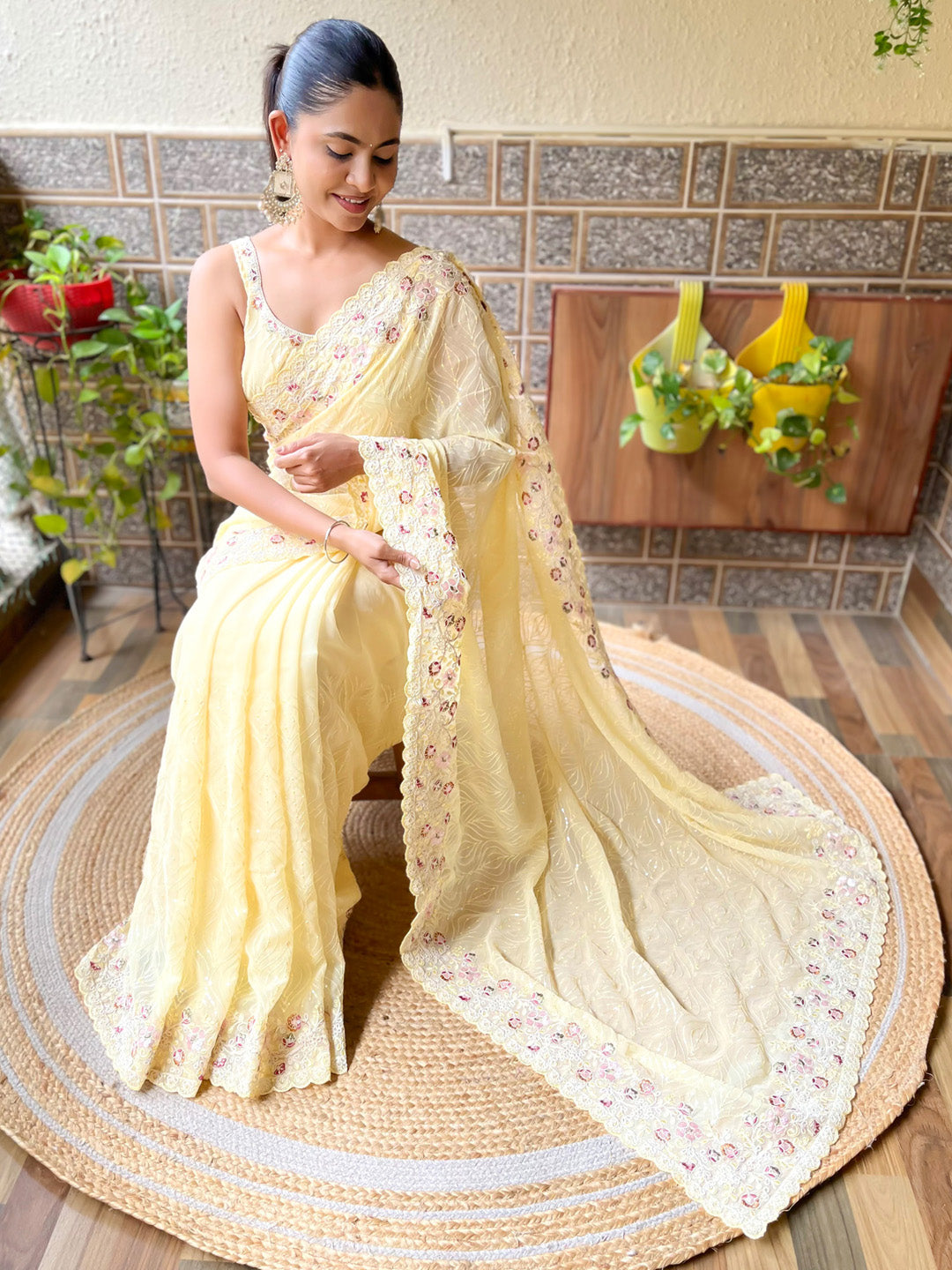 Georgette Yellow Embellished Designer Saree With Blouse