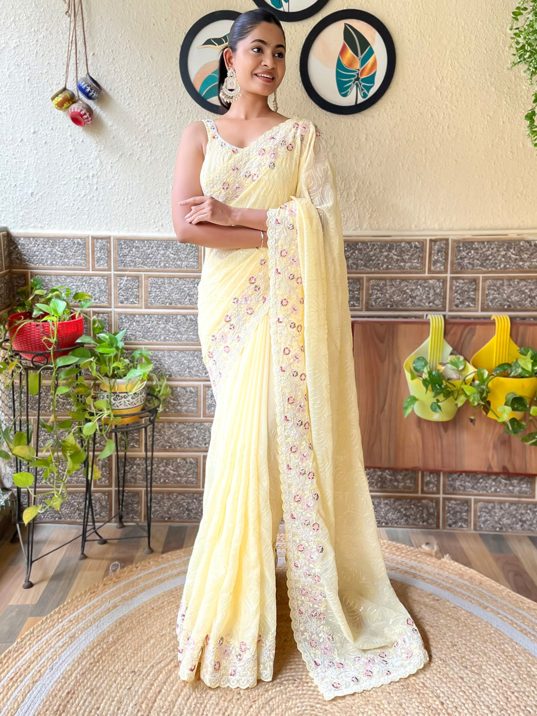 Georgette Yellow Embellished Designer Saree With Blouse