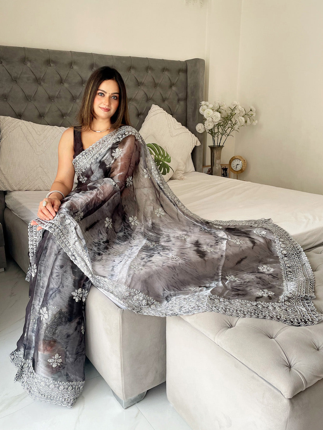 Organza Charcoal Grey Embroidered Designer Saree With Blouse