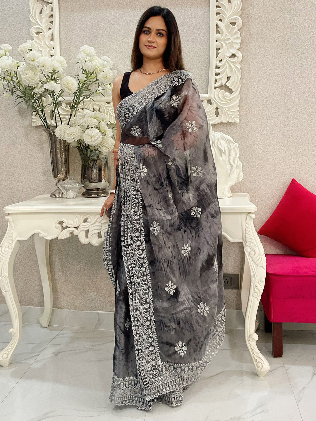 Organza Charcoal Grey Embroidered Designer Saree With Blouse