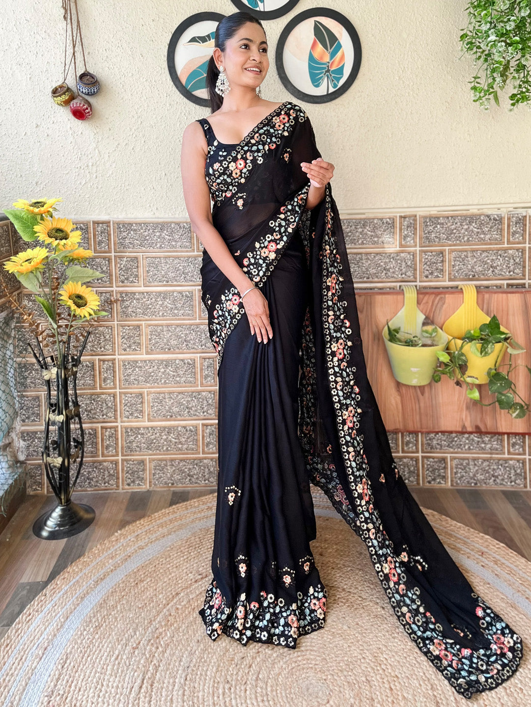 Chiffon Black Embellished Designer Saree With Blouse