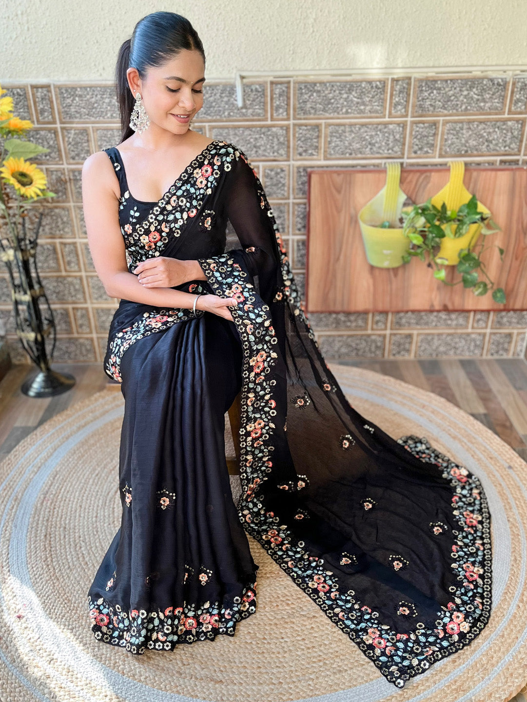 Chiffon Black Embellished Designer Saree With Blouse