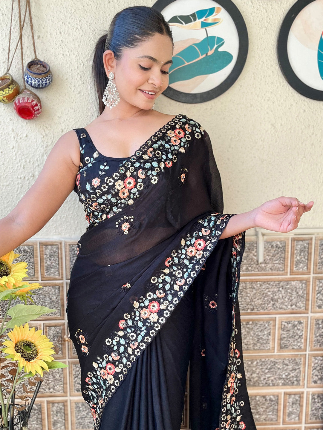 Chiffon Black Embellished Designer Saree With Blouse