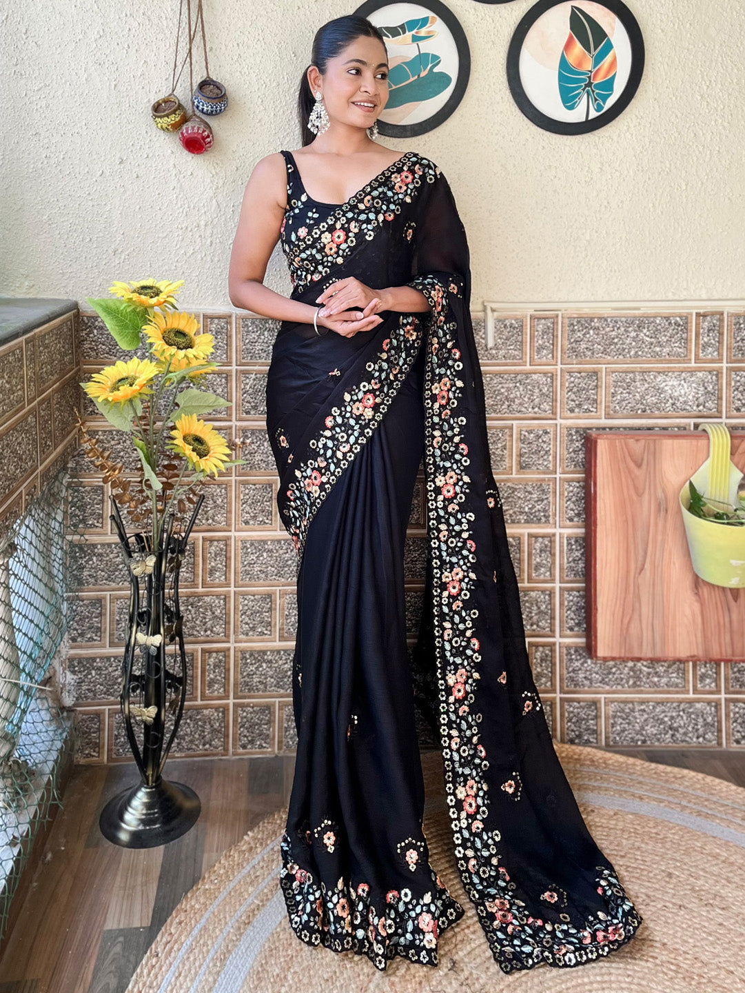 Chiffon Black Embellished Designer Saree With Blouse