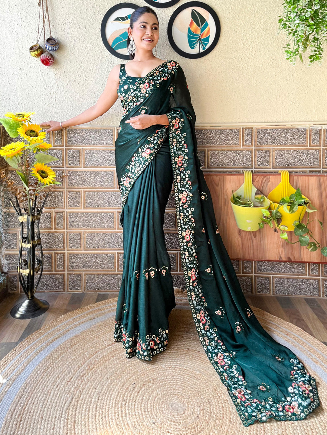 Chiffon Green Embellished Designer Saree With Blouse