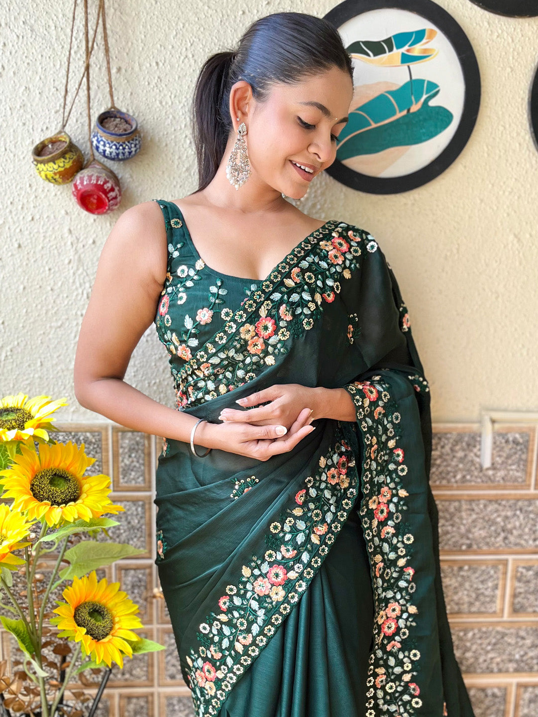 Chiffon Green Embellished Designer Saree With Blouse