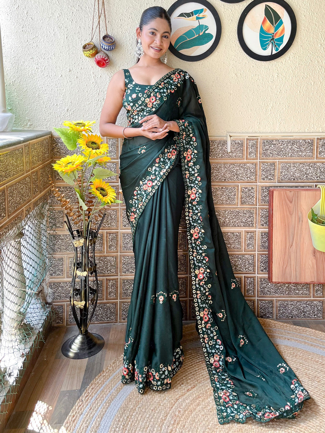 Chiffon Green Embellished Designer Saree With Blouse