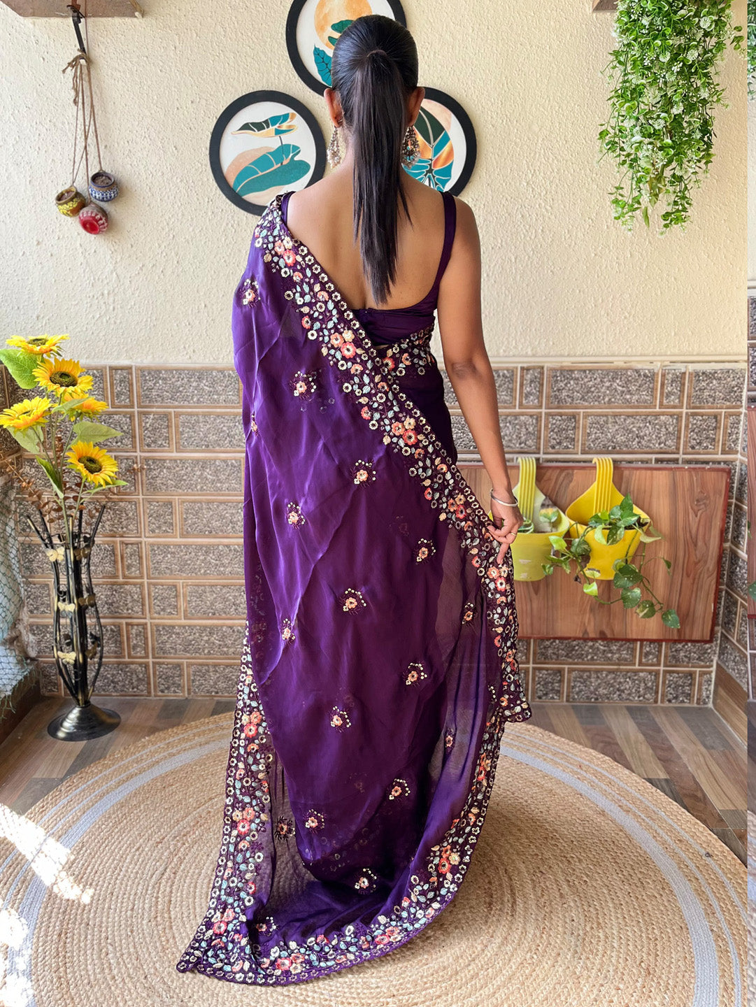 Chiffon Purple Embellished Designer Saree With Blouse