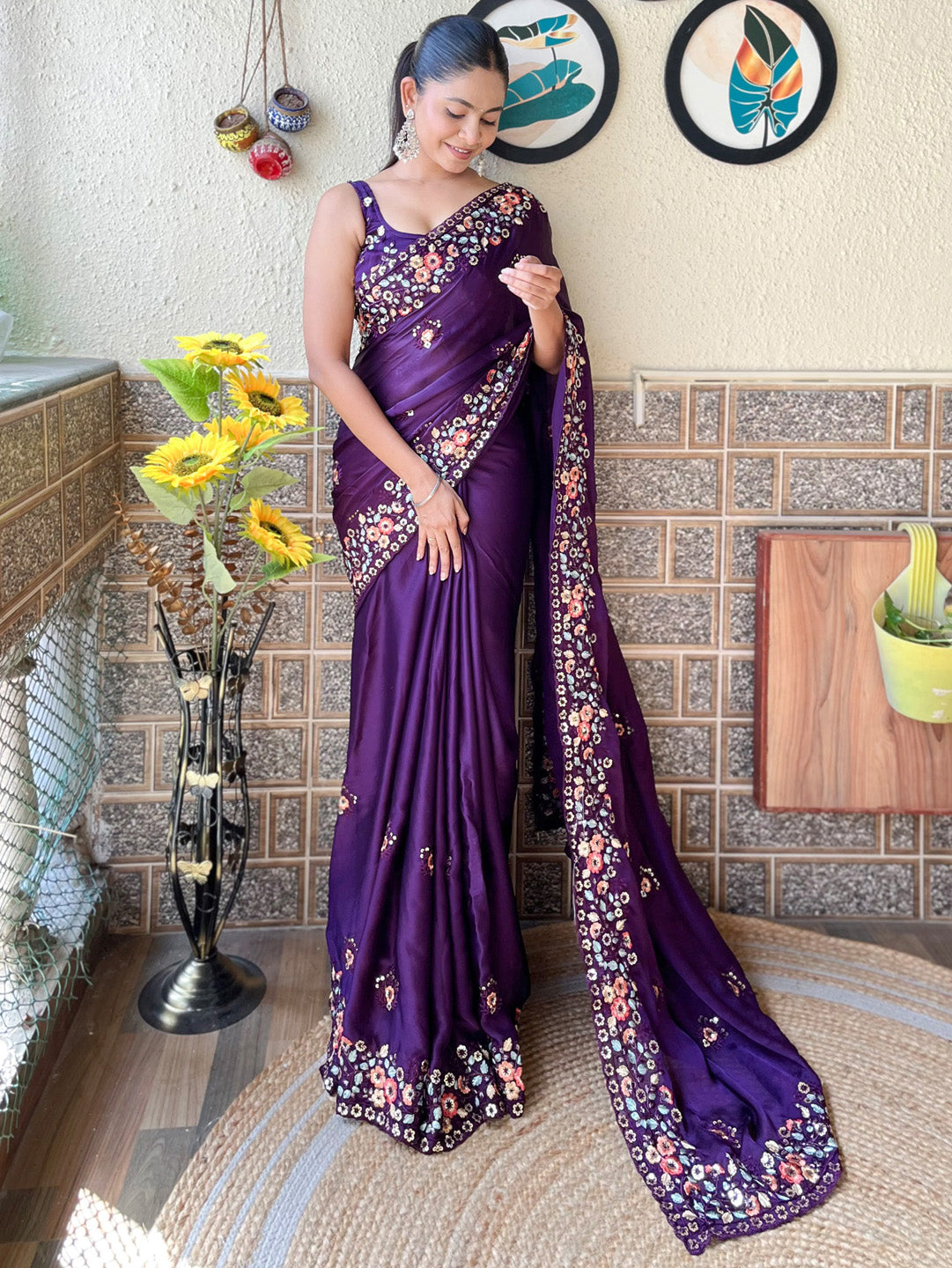 Chiffon Purple Embellished Designer Saree With Blouse