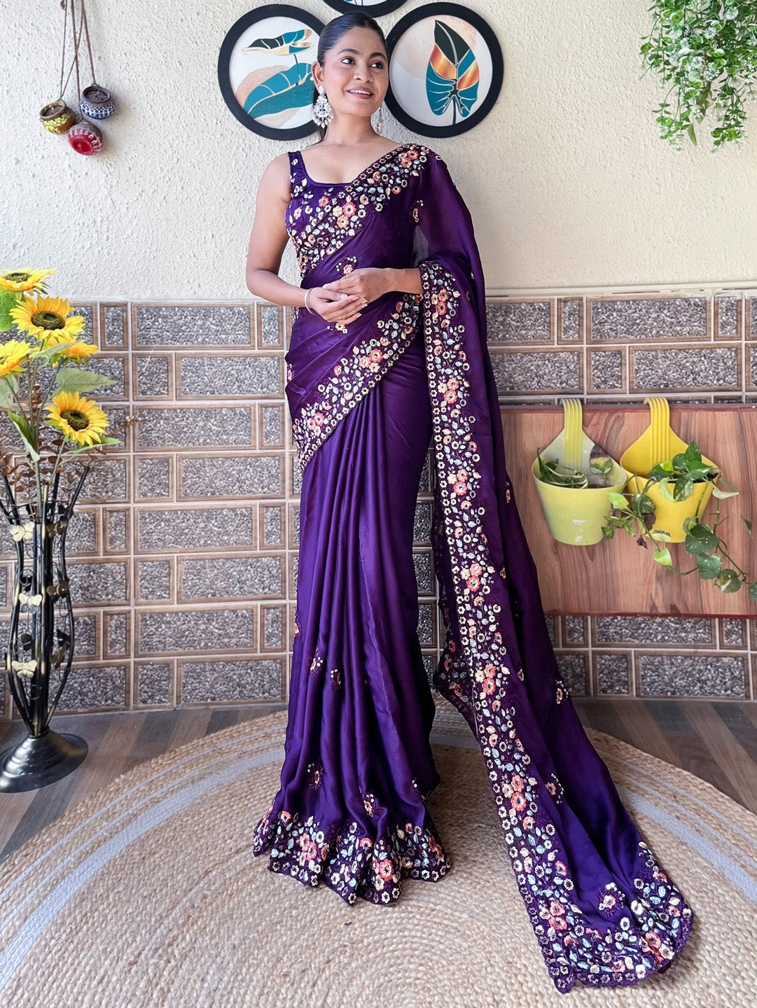 Chiffon Purple Embellished Designer Saree With Blouse