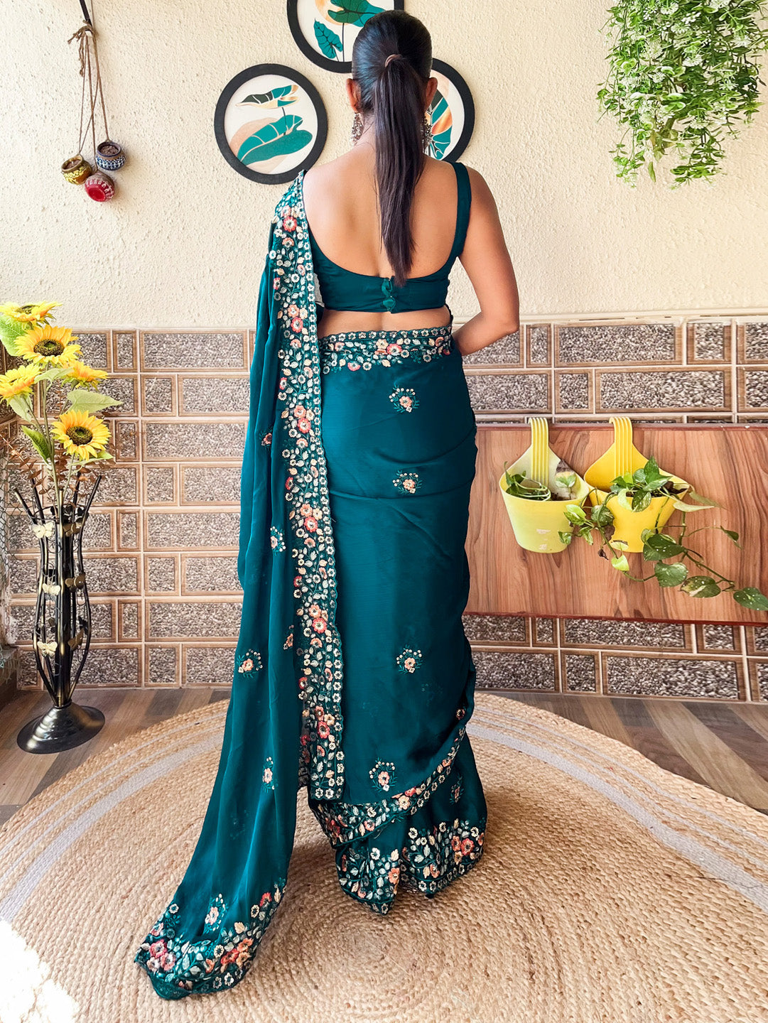 Chiffon Teal blue Embellished Designer Saree With Blouse