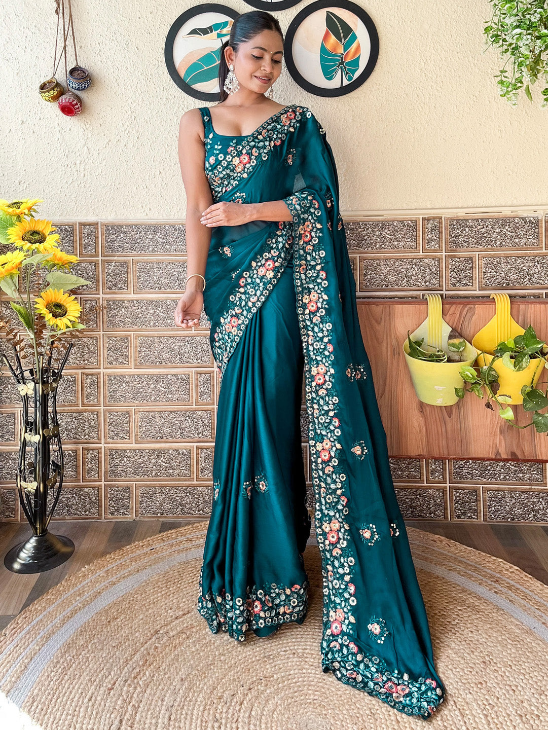 Chiffon Teal blue Embellished Designer Saree With Blouse