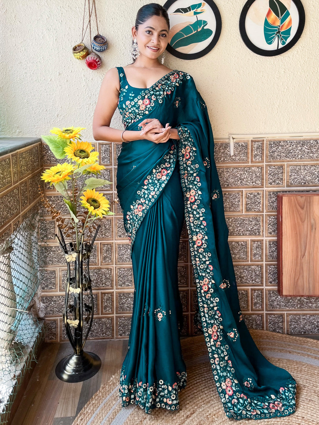 Chiffon Teal blue Embellished Designer Saree With Blouse