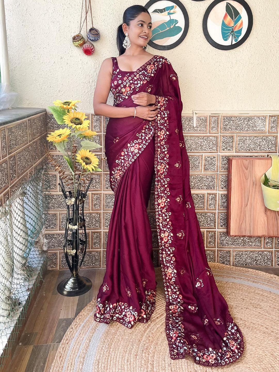 Chiffon Magenta Embellished Designer Saree With Blouse