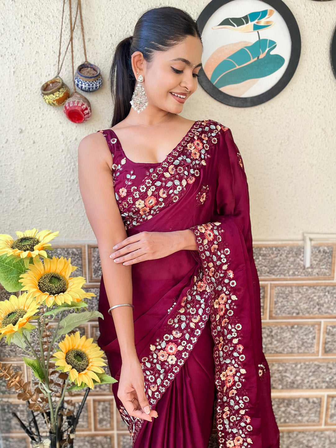 Chiffon Magenta Embellished Designer Saree With Blouse