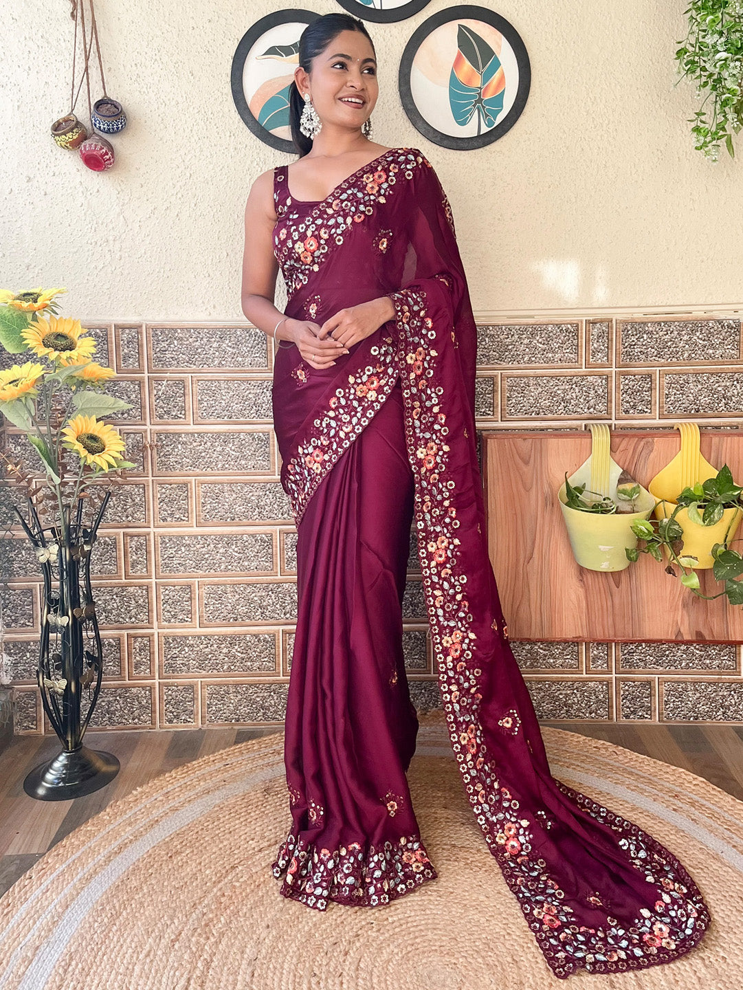 Chiffon Magenta Embellished Designer Saree With Blouse