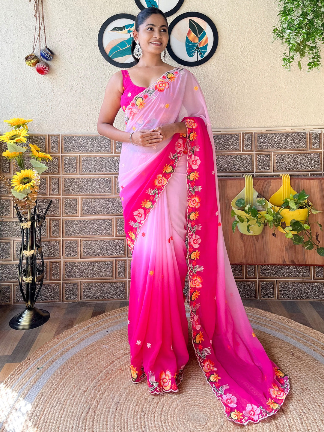 Georgette Pink Embroidered Designer Saree With Blouse