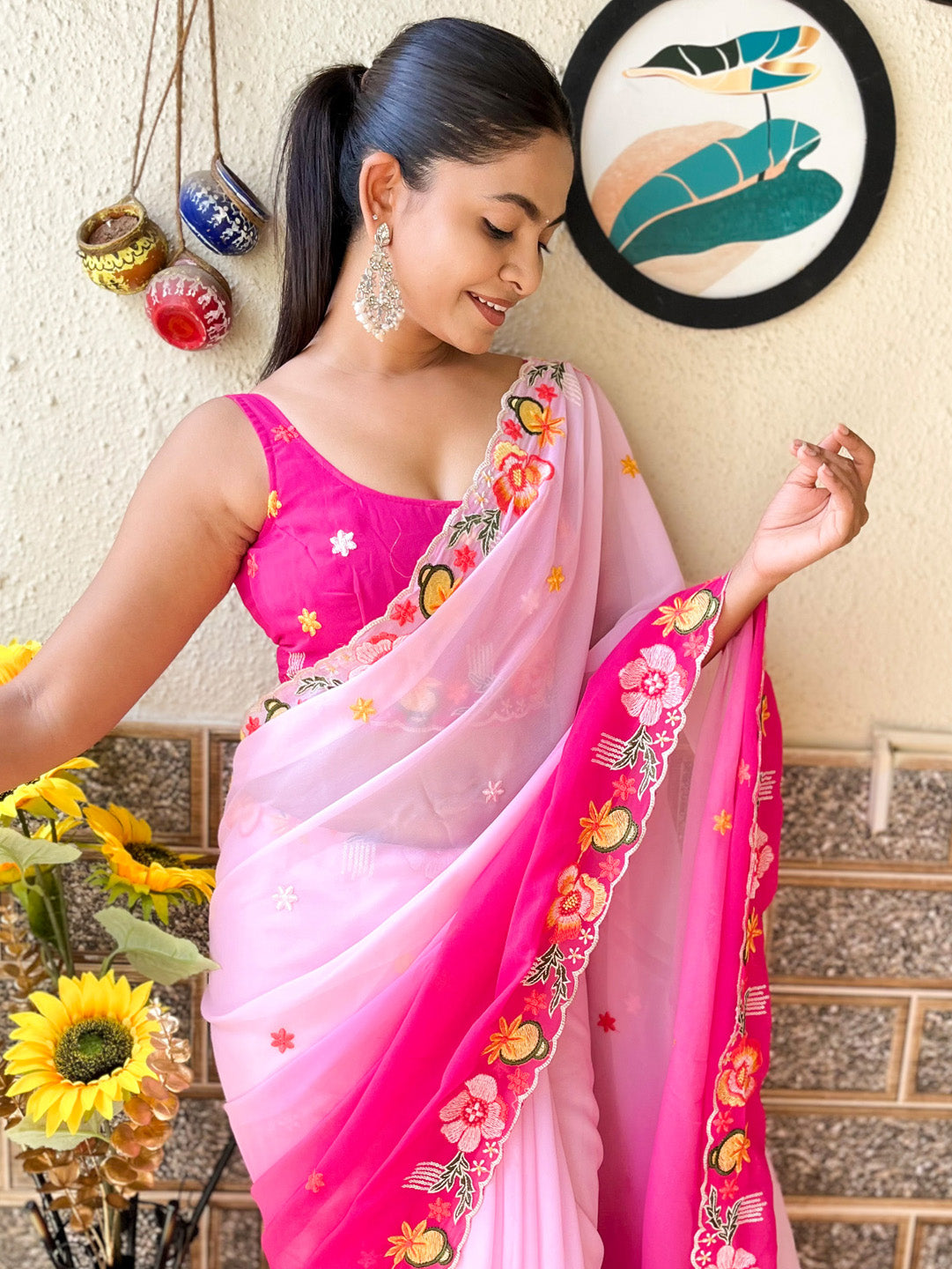 Georgette Pink Embroidered Designer Saree With Blouse