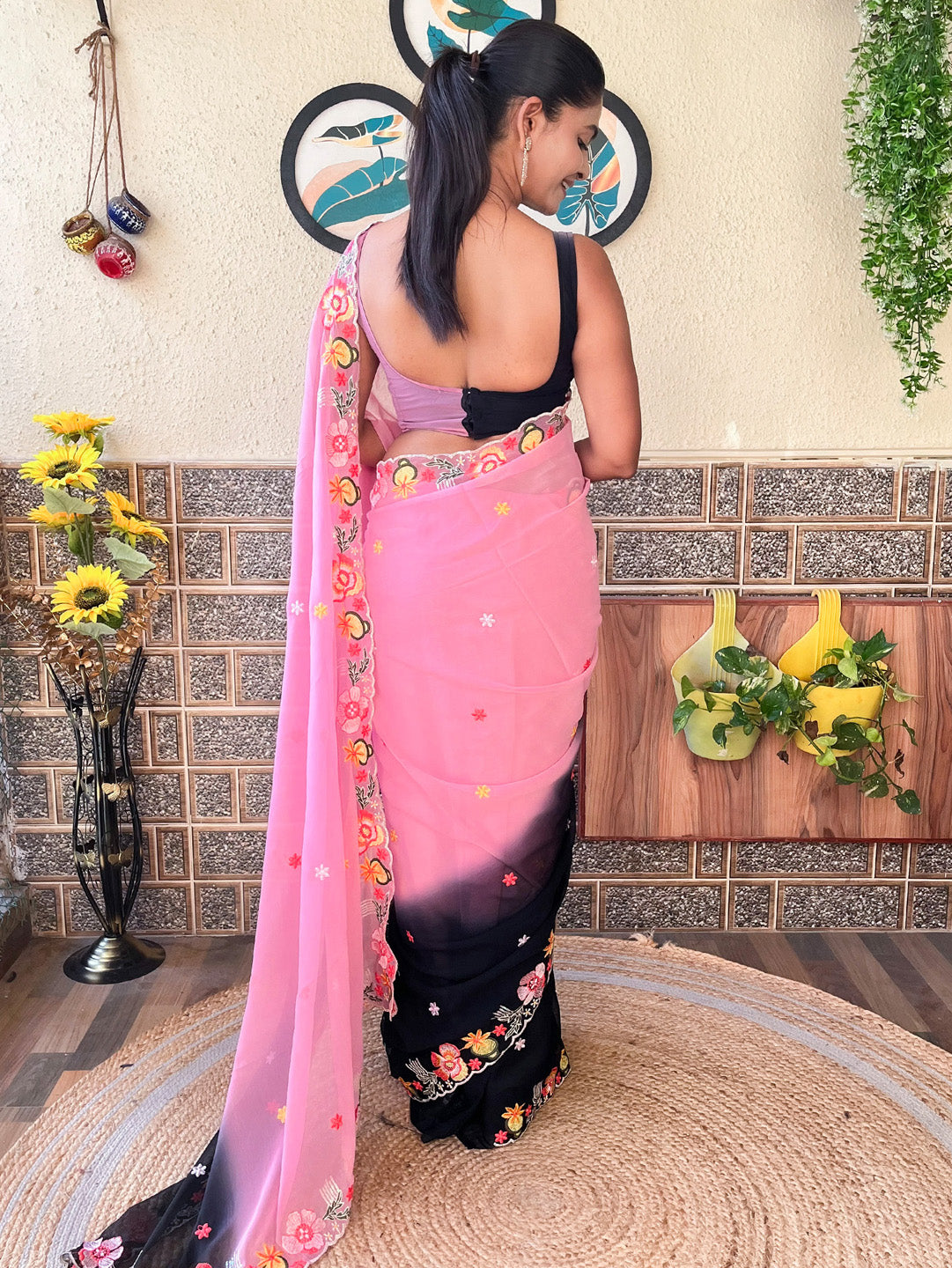 Georgette Pink Embroidered Designer Saree With Blouse