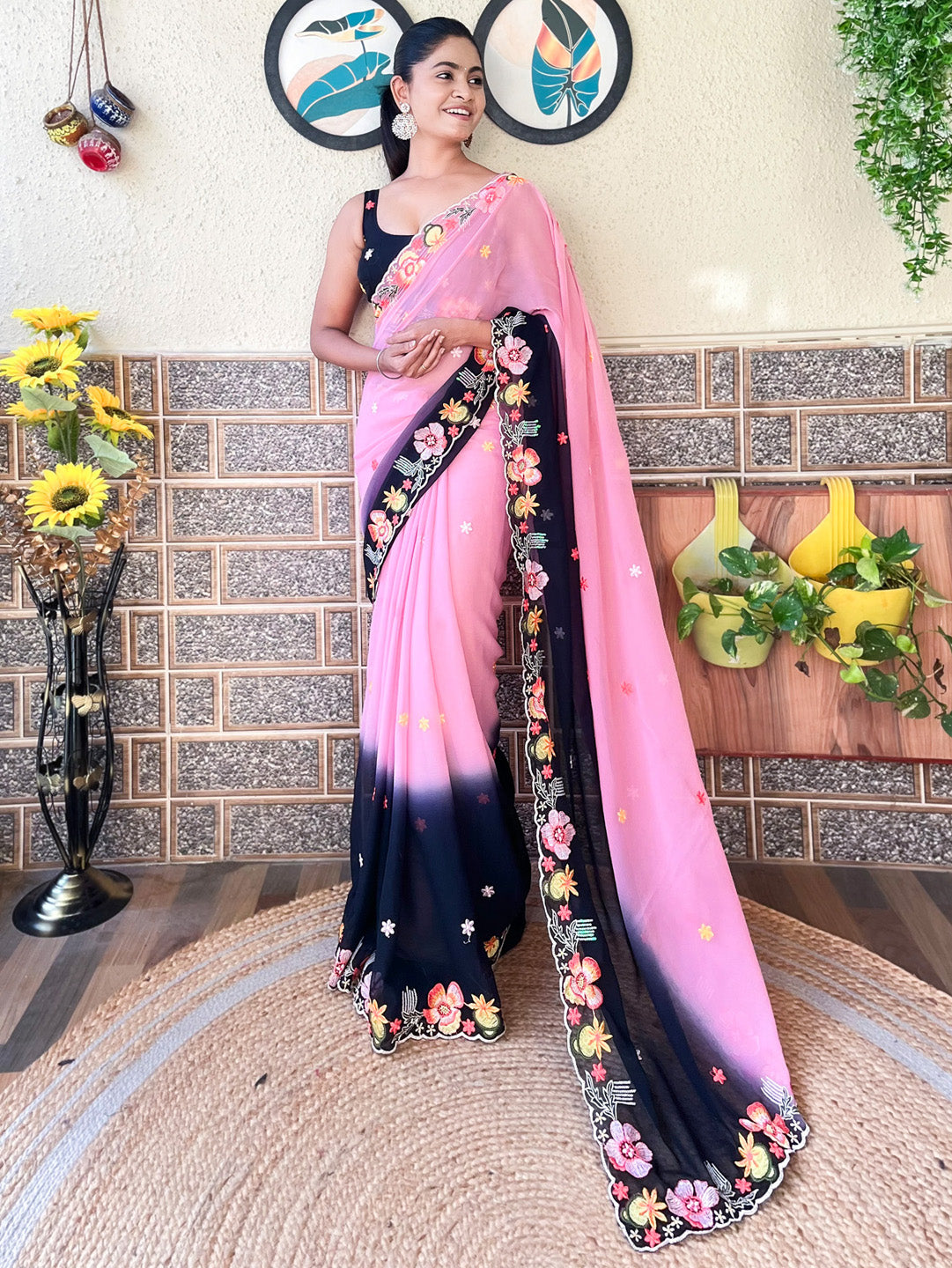 Georgette Pink Embroidered Designer Saree With Blouse